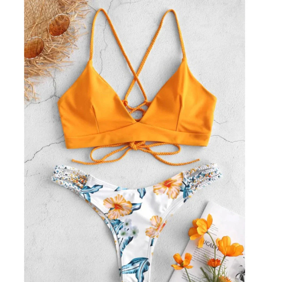 Backless braided bikini swimsuit with floral pattern and removable chest pads