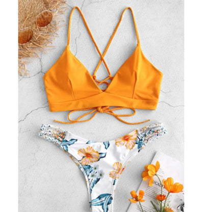 Backless braided bikini swimsuit with floral pattern and removable chest pads