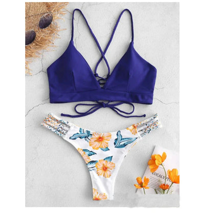 Backless braided bikini swimsuit with floral pattern and removable chest pads
