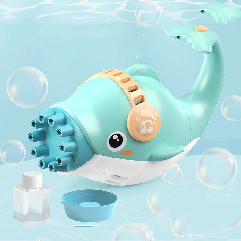 Colorful 10-hole dolphin-shaped bubble blaster creating a cloud of bubbles