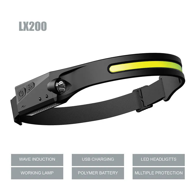 Black silicone induction fishing light with touch switch, shown with USB charging cable and strap.