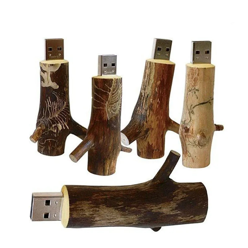 Jaster natural wood USB stick shaped like a tree branch on a white background