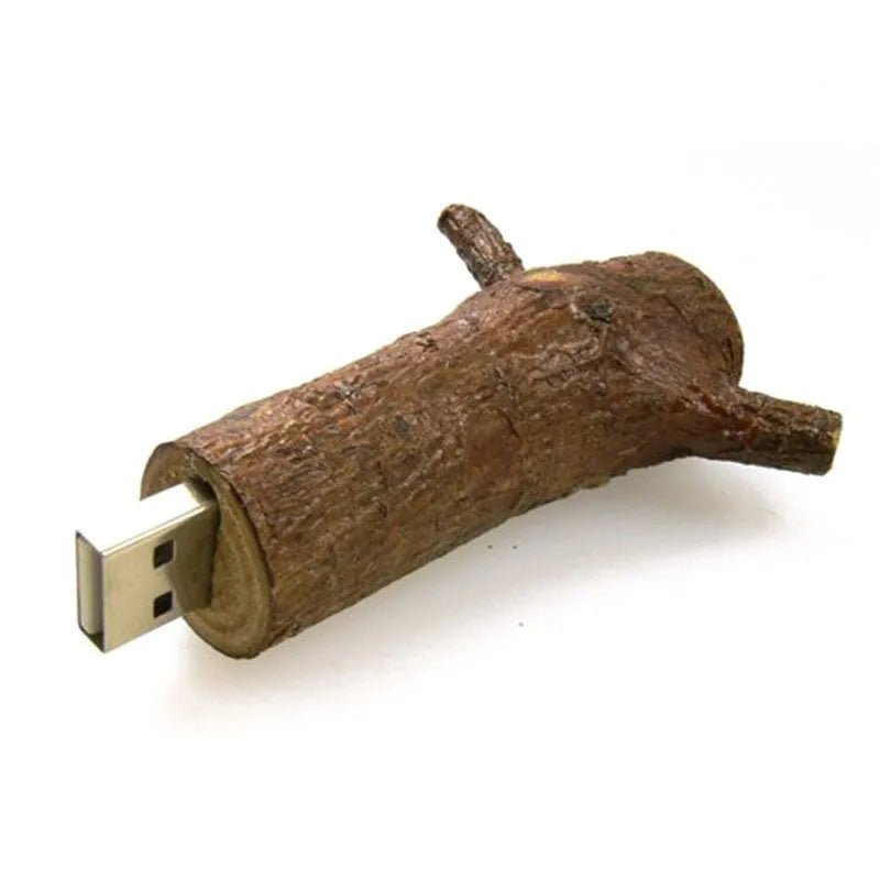 Jaster natural wood USB stick shaped like a tree branch on a white background