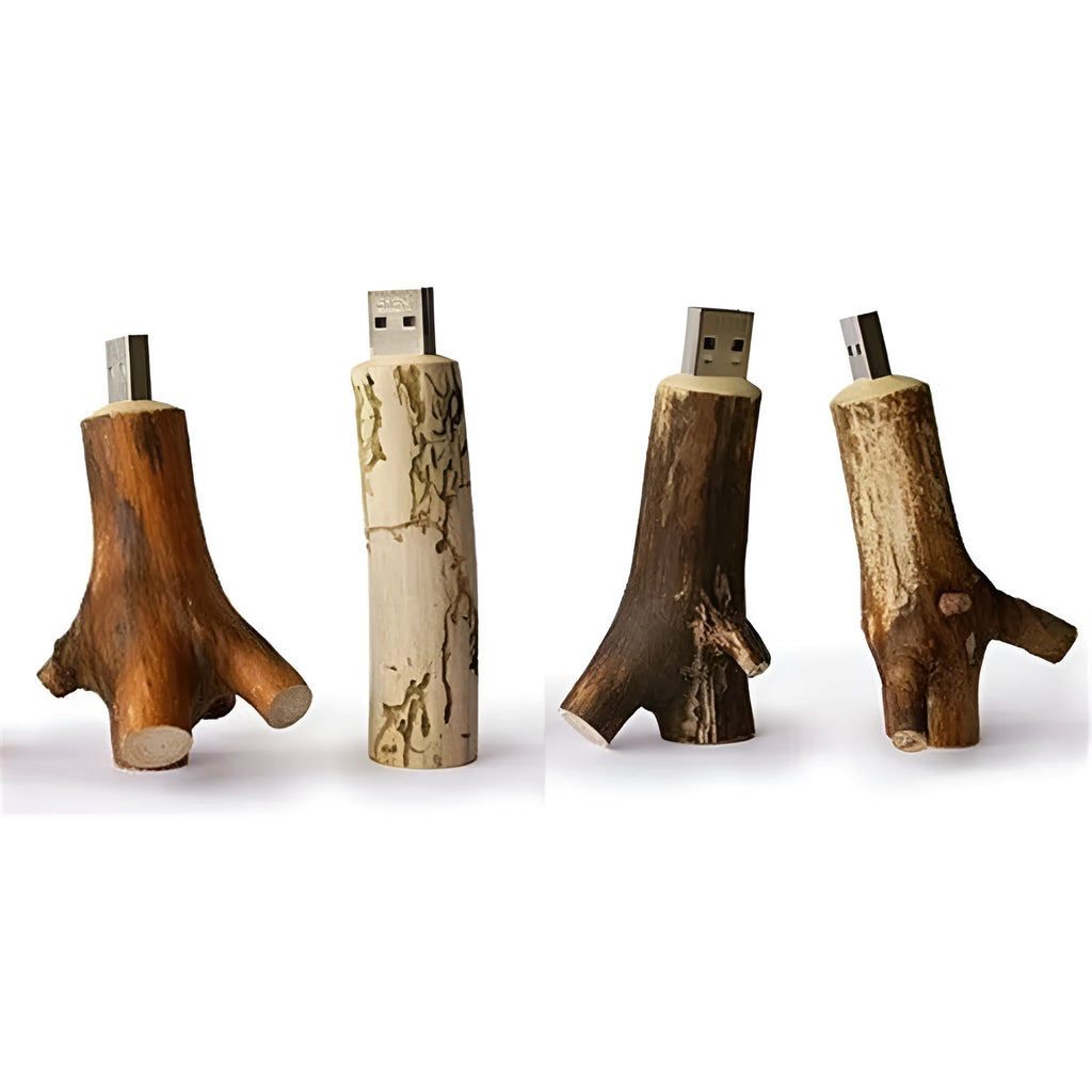 Jaster natural wood USB stick shaped like a tree branch on a white background