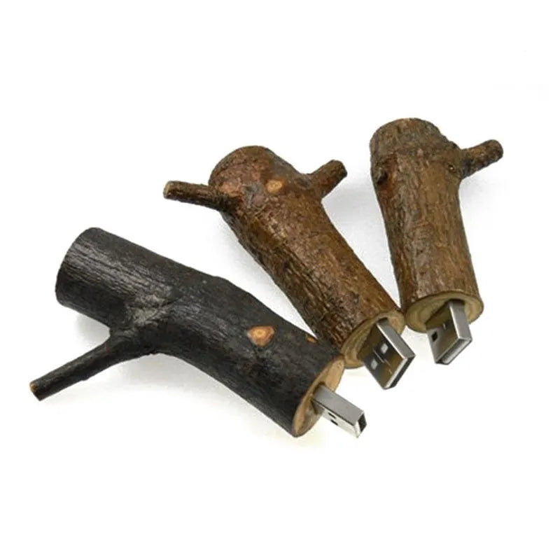 Jaster natural wood USB stick shaped like a tree branch on a white background