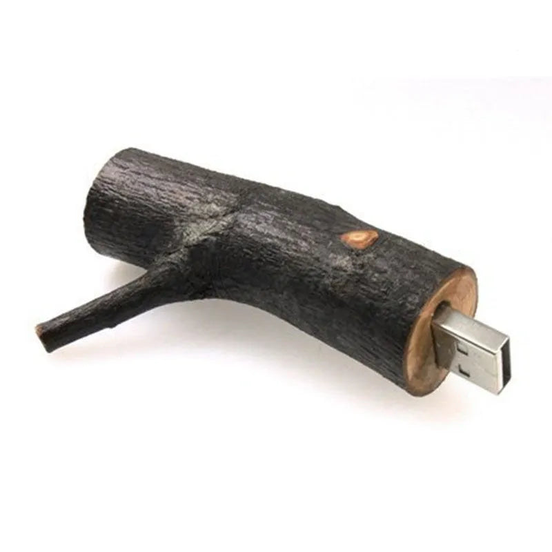Jaster natural wood USB stick shaped like a tree branch on a white background
