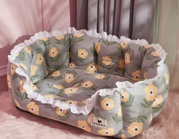 Thickening pet nest bed for medium to large dogs and cats, yellow flowers style, with blanket