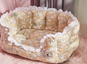 Thickening pet nest bed for medium to large dogs and cats, yellow flowers style, with blanket