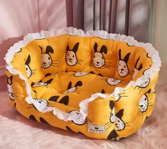 Thickening pet nest bed for medium to large dogs and cats, yellow flowers style, with blanket