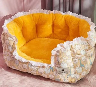 Thickening pet nest bed for medium to large dogs and cats, yellow flowers style, with blanket