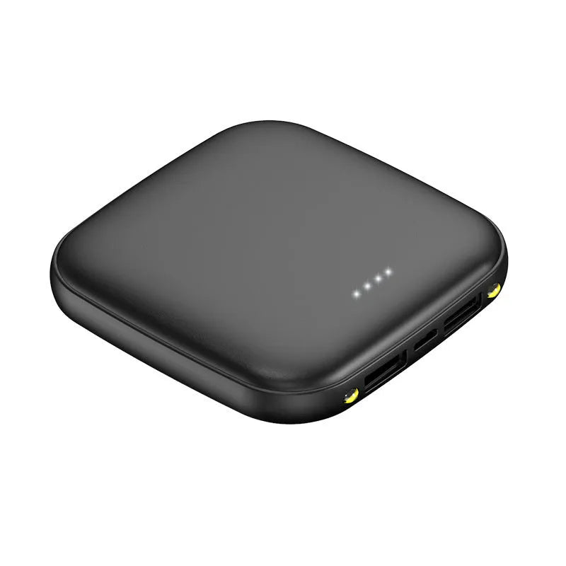 Compact black 20000mAh power bank with LED flashlight, showing size scale