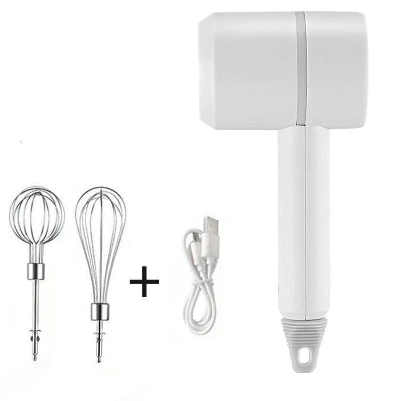 Cordless electric hand mixer with whisk and egg beater attachments, available in various colors