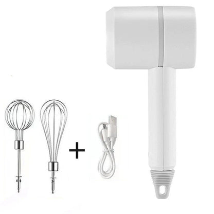 Cordless electric hand mixer with whisk and egg beater attachments, available in various colors