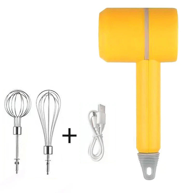 Cordless electric hand mixer with whisk and egg beater attachments, available in various colors