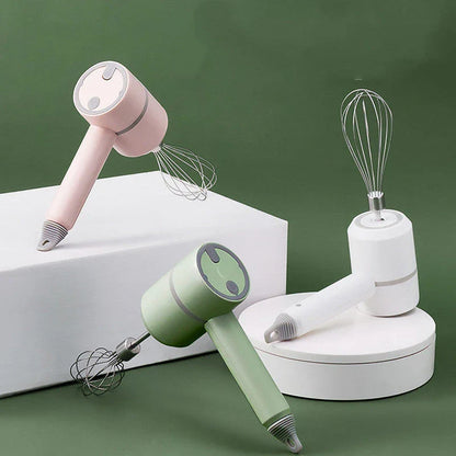 Cordless electric hand mixer with whisk and egg beater attachments, available in various colors