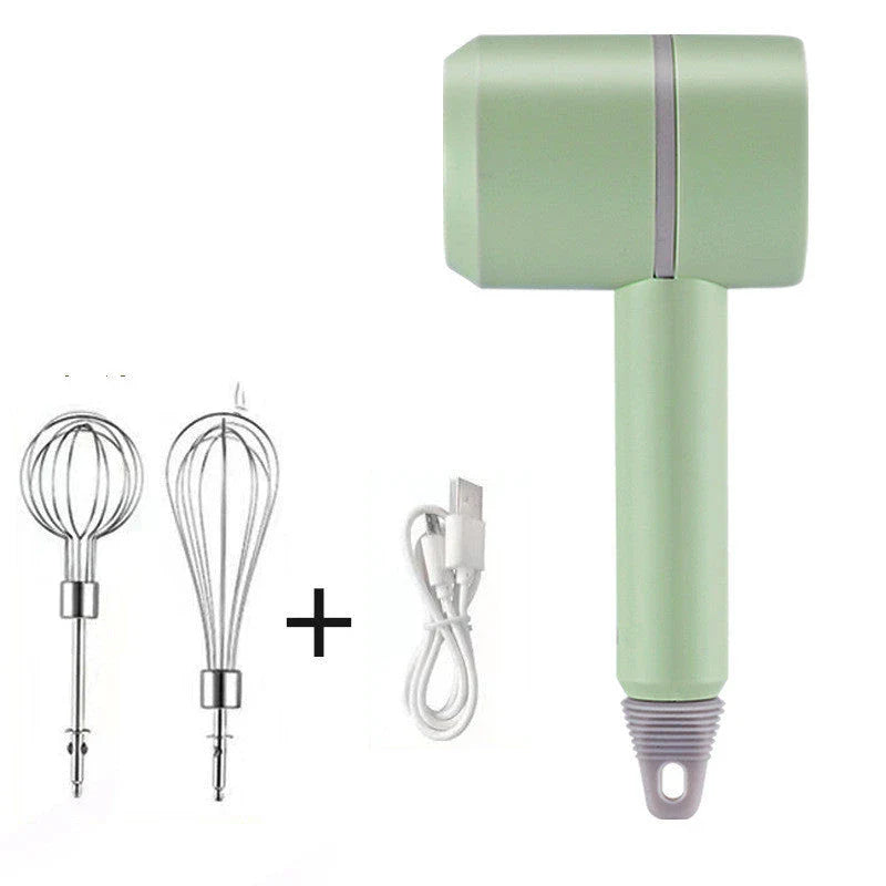 Cordless electric hand mixer with whisk and egg beater attachments, available in various colors