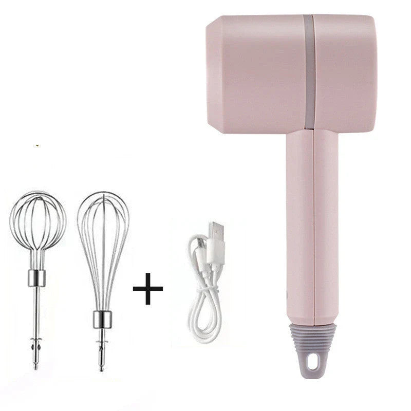 Cordless electric hand mixer with whisk and egg beater attachments, available in various colors
