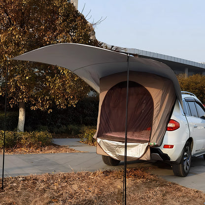 Silver grey camping tent with iron pipe frame and waterproof Oxford cloth construction
