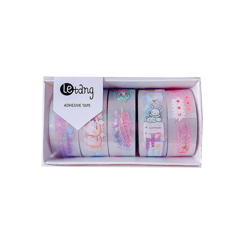 Five rolls of decorative washi tape showing dinosaur, duck, rabbit, and lucky cat designs for craft projects
