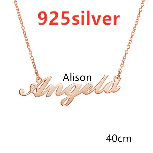 Custom name pendant necklace in titanium steel with 925 silver plating, rose gold chain 45cm length