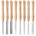 High-end 8-piece woodturning tool set with chrome vanadium steel tools in a wooden box.