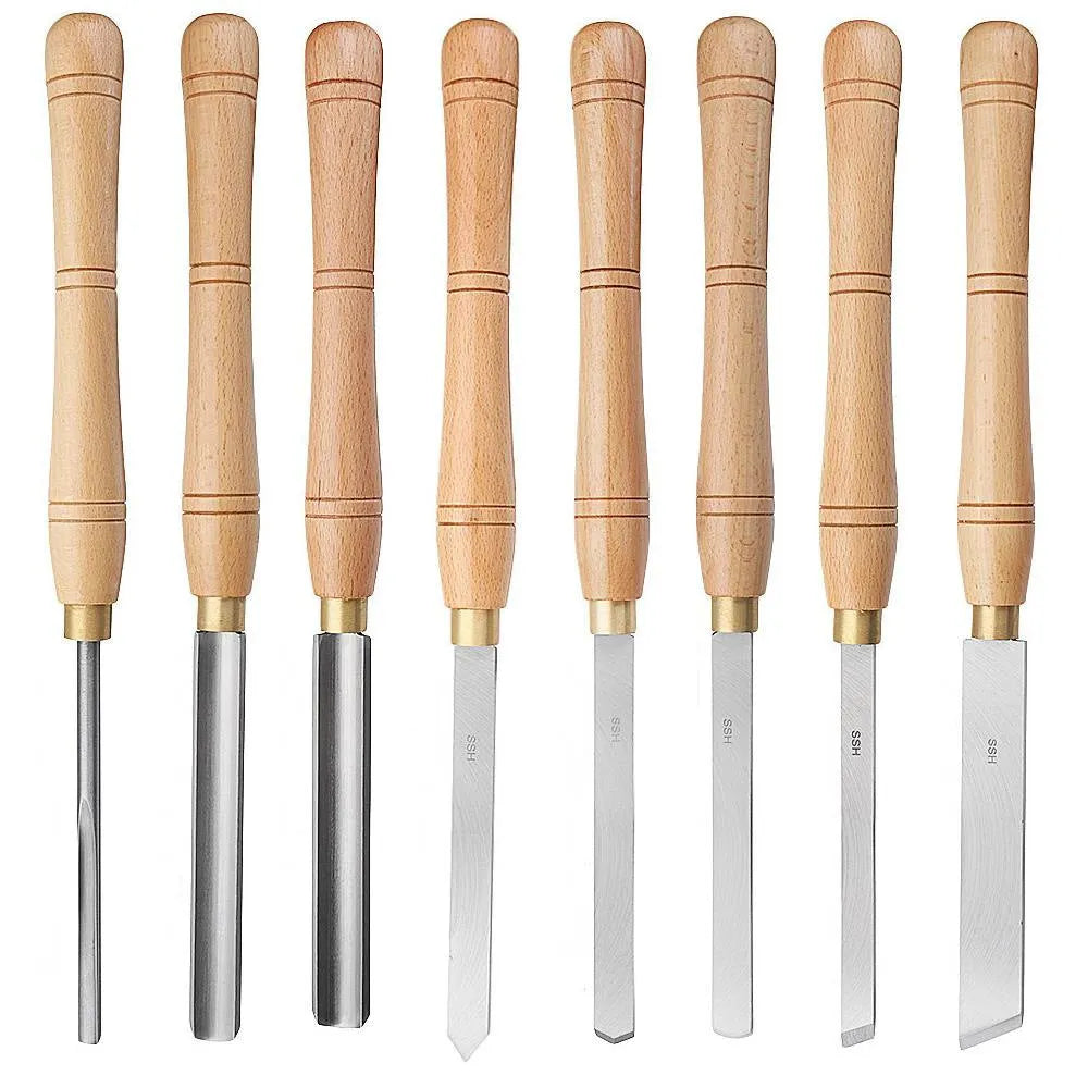 High-end 8-piece woodturning tool set with chrome vanadium steel tools in a wooden box.