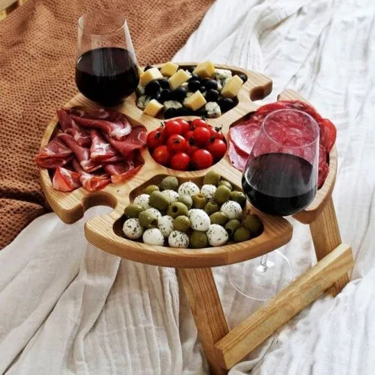 Portable wood folding table 30x16 cm in wood colour for outdoor snacks and wine glass