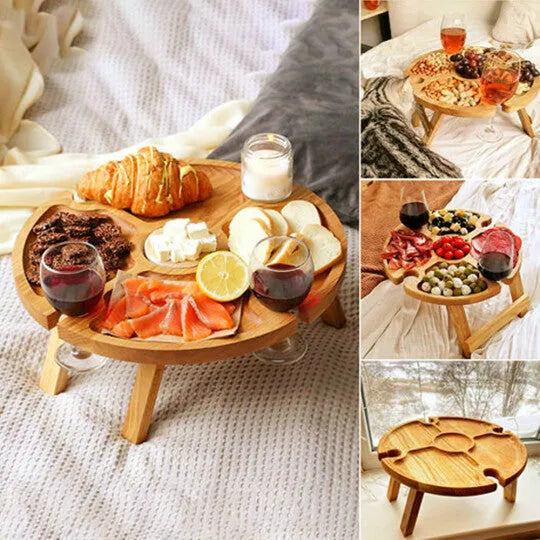 Portable wood folding table 30x16 cm in wood colour for outdoor snacks and wine glass