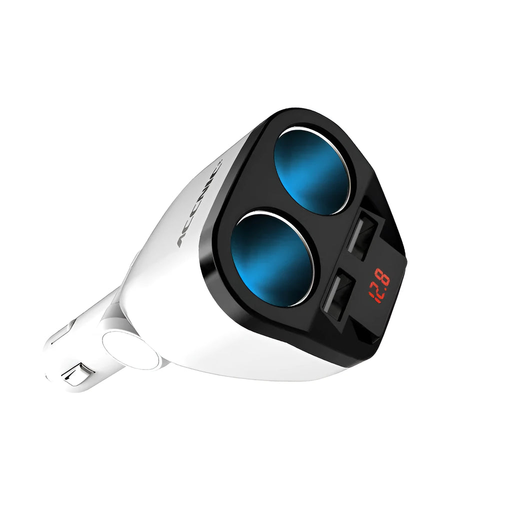 White dual USB car charger with 80W power output, made from ABS material