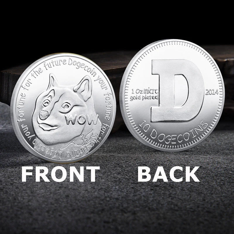 Gold or silver plated Dogecoin commemorative coin with cute dog pattern, 40mm diameter