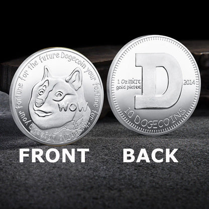 Gold or silver plated Dogecoin commemorative coin with cute dog pattern, 40mm diameter