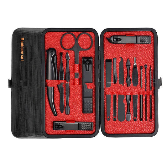18 stainless steel nail clippers in black-red, orange, and blue colours arranged as complete household grooming set