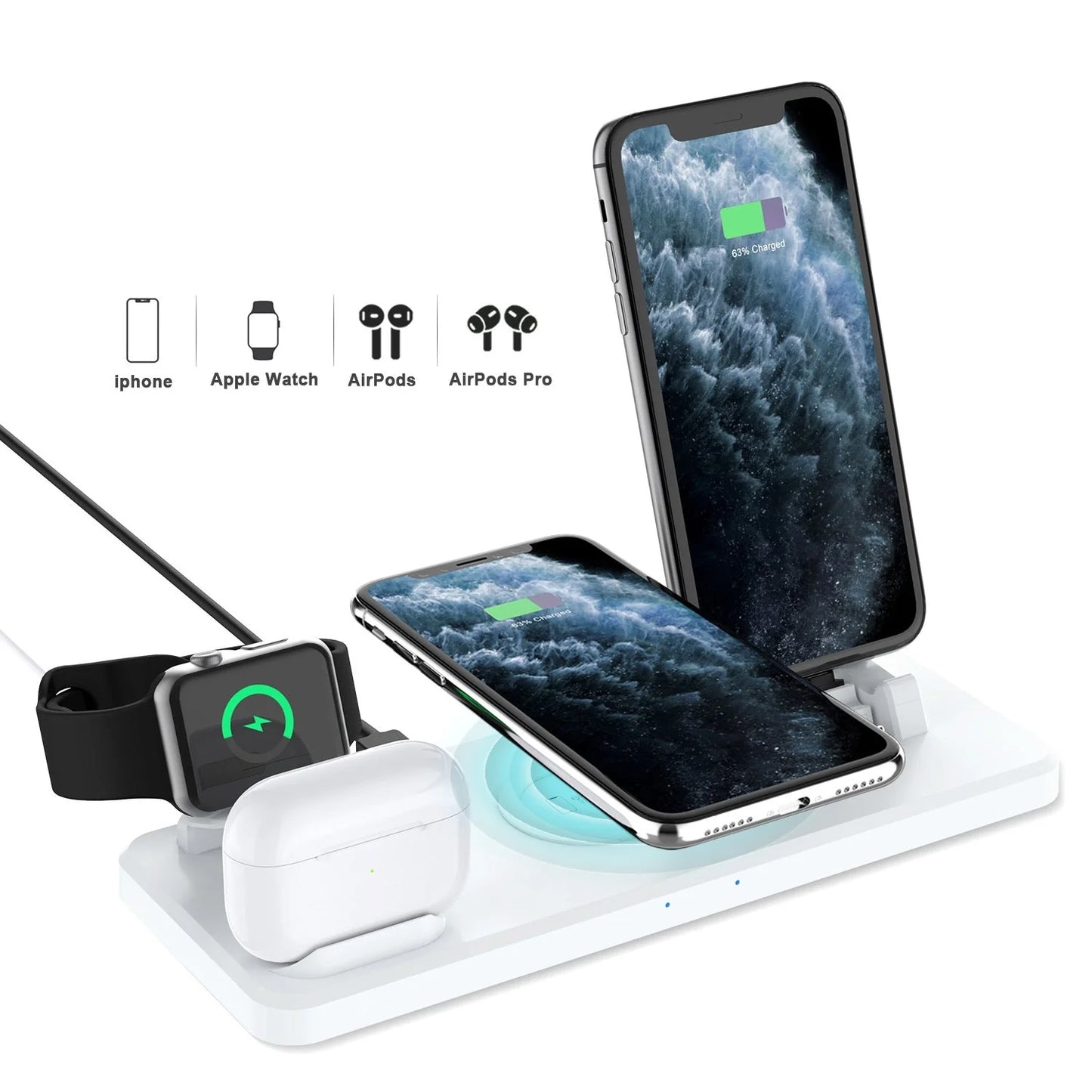 Multifunctional Six-In-One Wireless Charger Bracket in hollow black and hollow white, supporting 15W fast charging for QI-compatible devices