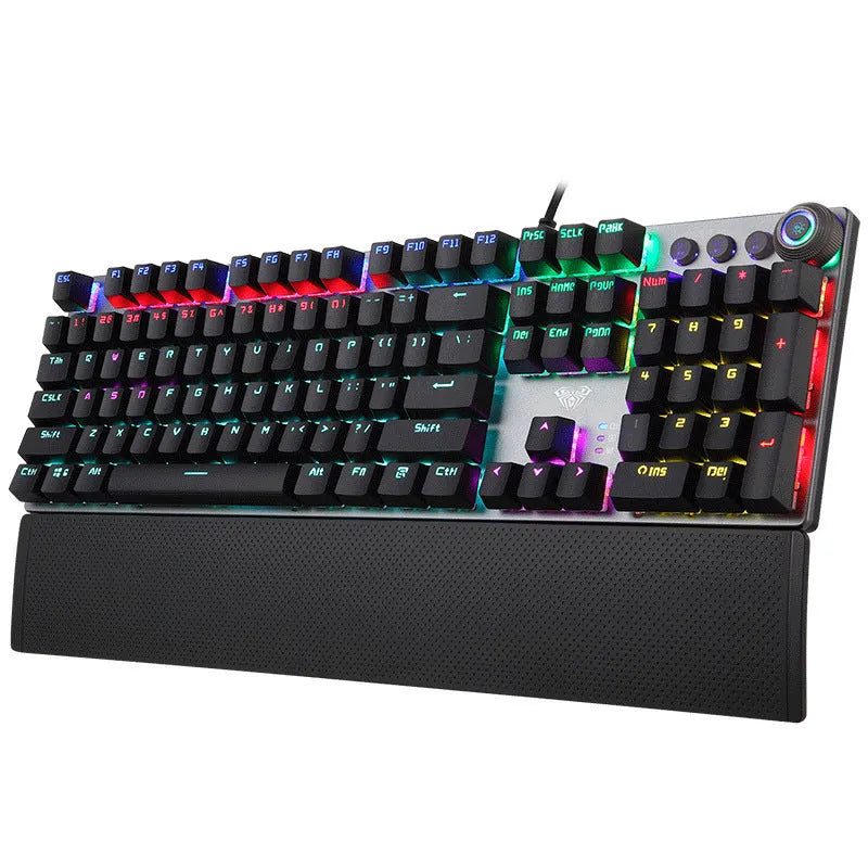 Metal mechanical gaming keyboard with backlit keys and USB cable in one of six colour styles.
