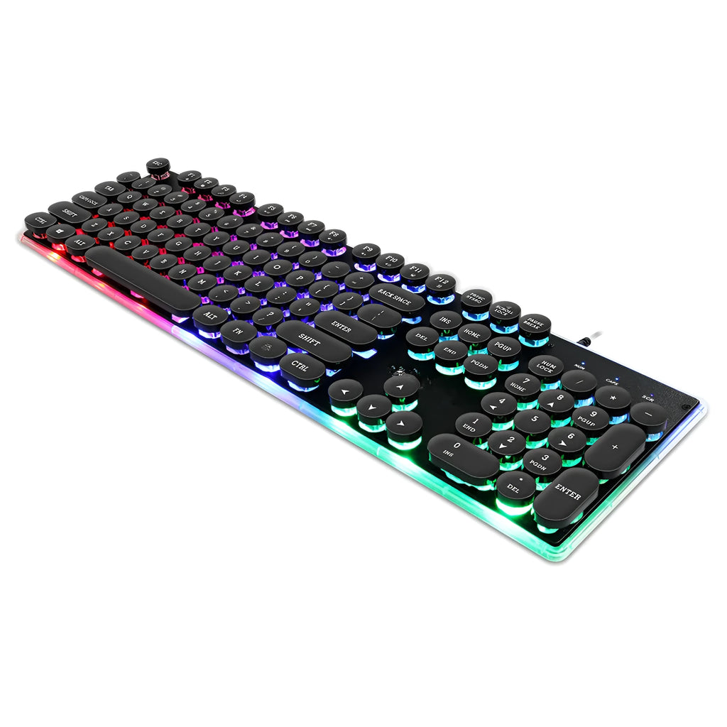 Desktop manipulator floating round cap gaming luminous wired keyboard with 104 keys and USB backlit design on a desk