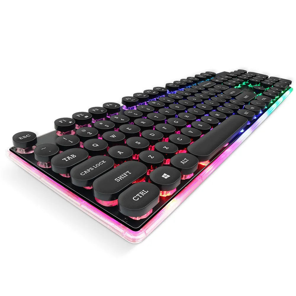 Desktop manipulator floating round cap gaming luminous wired keyboard with 104 keys and USB backlit design on a desk