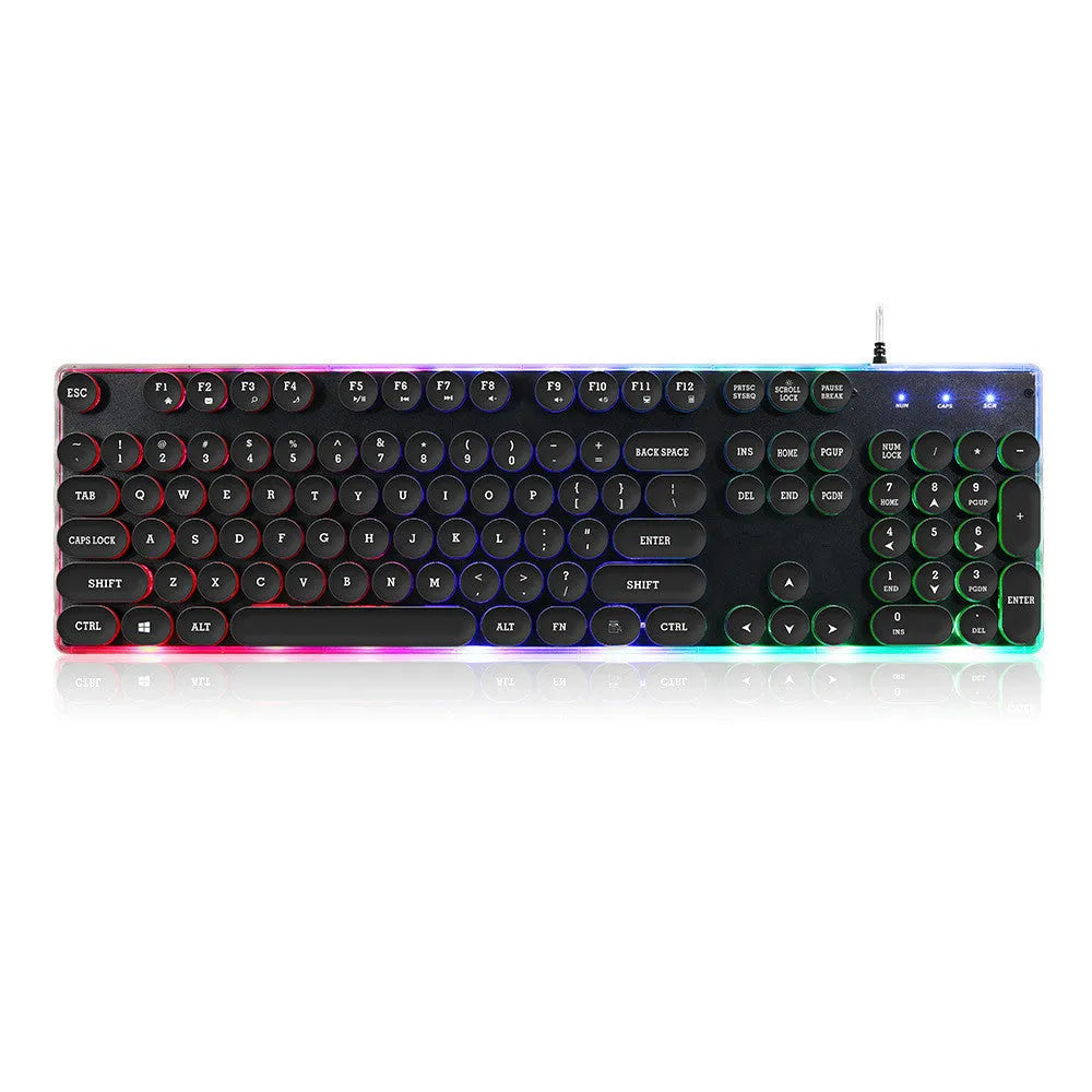 Desktop manipulator floating round cap gaming luminous wired keyboard with 104 keys and USB backlit design on a desk