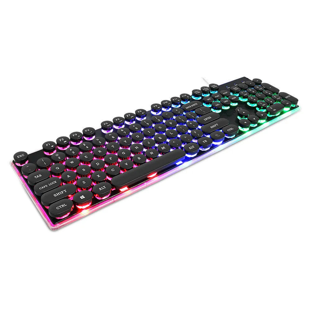 Desktop manipulator floating round cap gaming luminous wired keyboard with 104 keys and USB backlit design on a desk