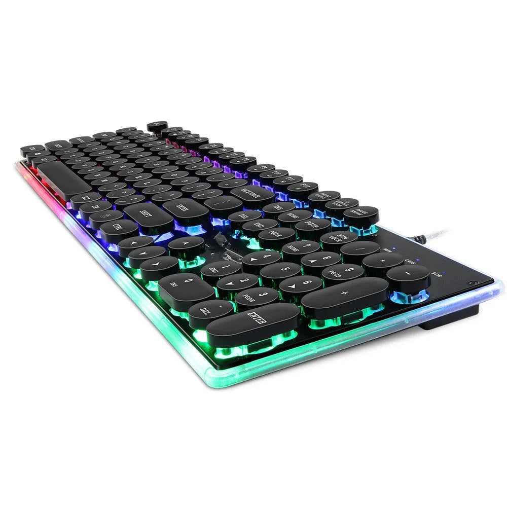 Desktop manipulator floating round cap gaming luminous wired keyboard with 104 keys and USB backlit design on a desk