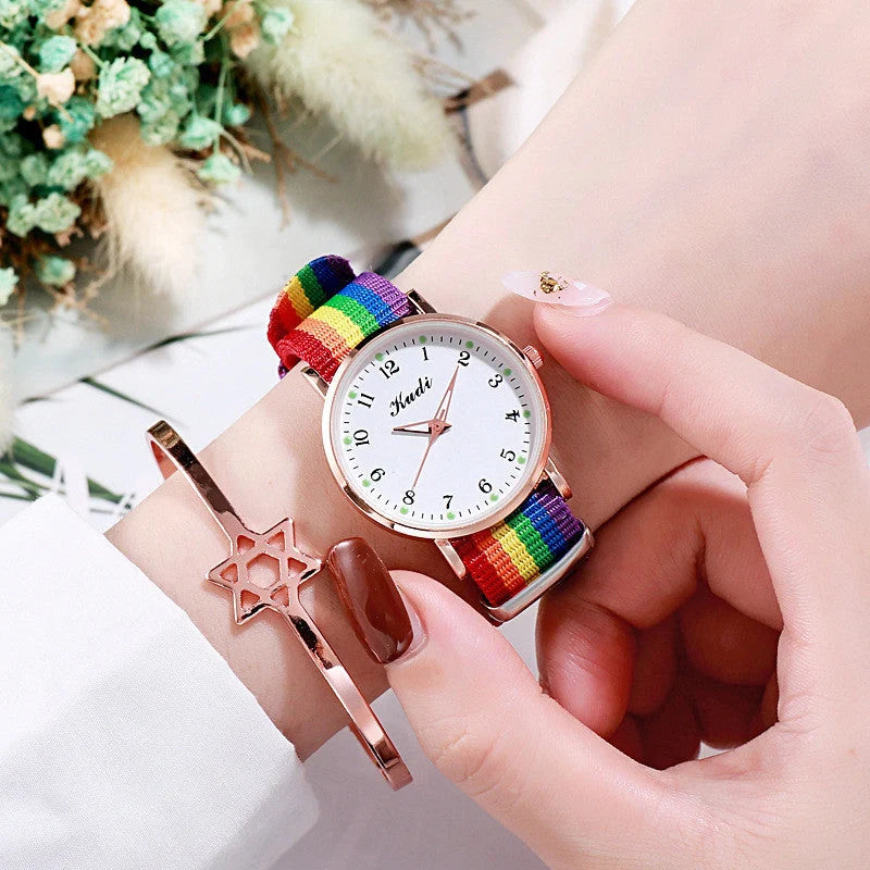 Luminous Starry Sky Watch with rainbow canvas strap and stainless steel clasp