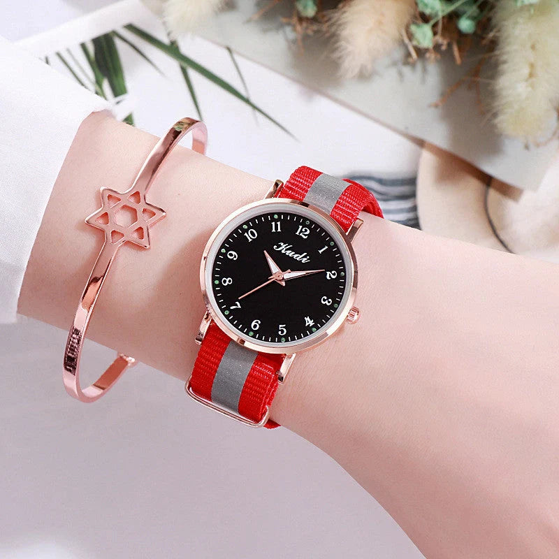 Luminous Starry Sky Watch with rainbow canvas strap and stainless steel clasp