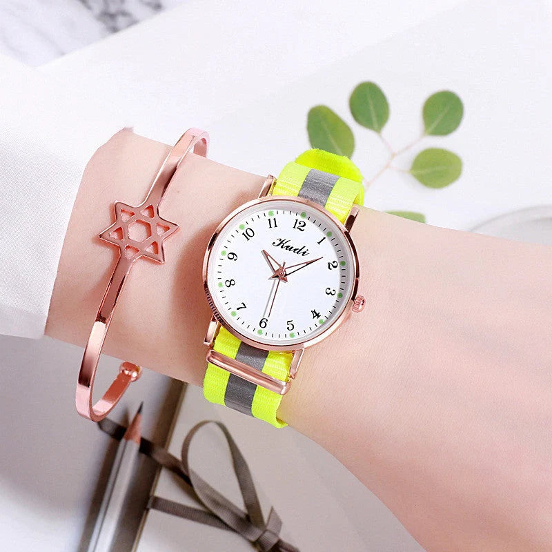Luminous Starry Sky Watch with rainbow canvas strap and stainless steel clasp