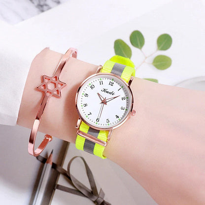 Luminous Starry Sky Watch with rainbow canvas strap and stainless steel clasp