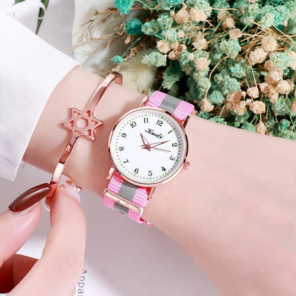 Luminous Starry Sky Watch with rainbow canvas strap and stainless steel clasp