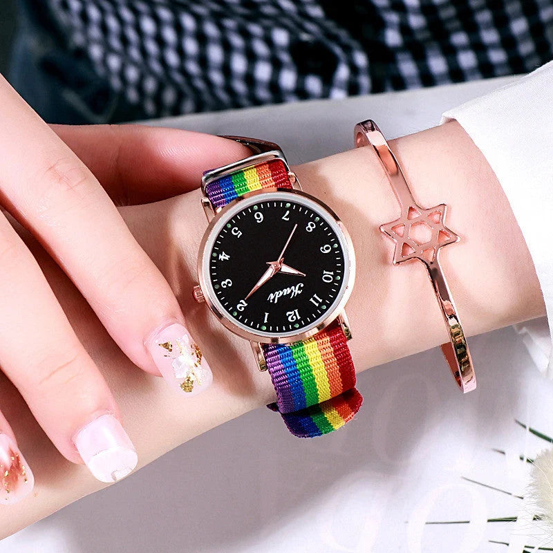 Luminous Starry Sky Watch with rainbow canvas strap and stainless steel clasp