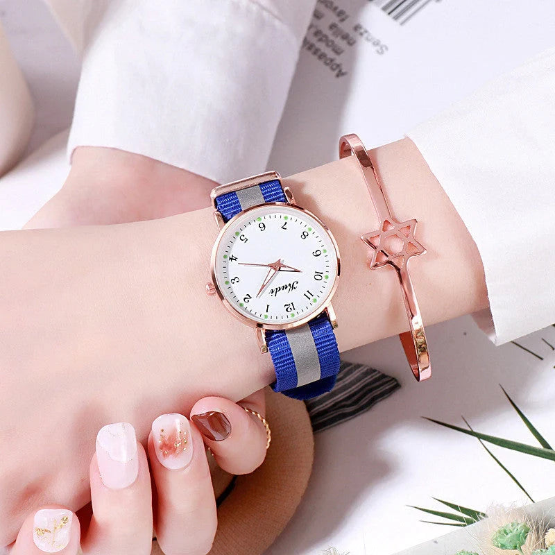 Luminous Starry Sky Watch with rainbow canvas strap and stainless steel clasp