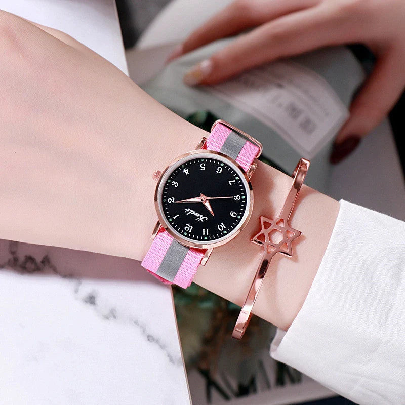 Luminous Starry Sky Watch with rainbow canvas strap and stainless steel clasp