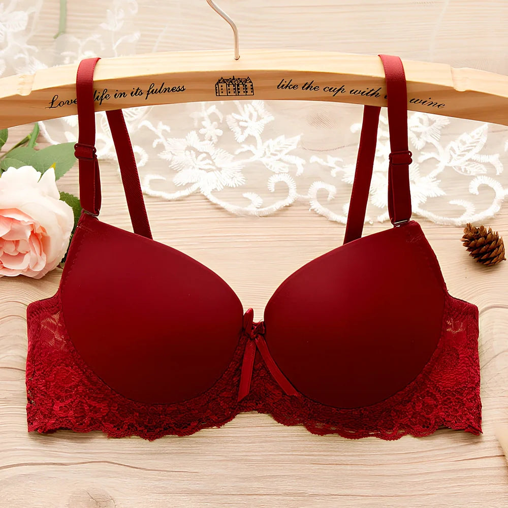 Red small chest gathered bra with underwire, lace bow, and lotus leaf edges in size 34/75