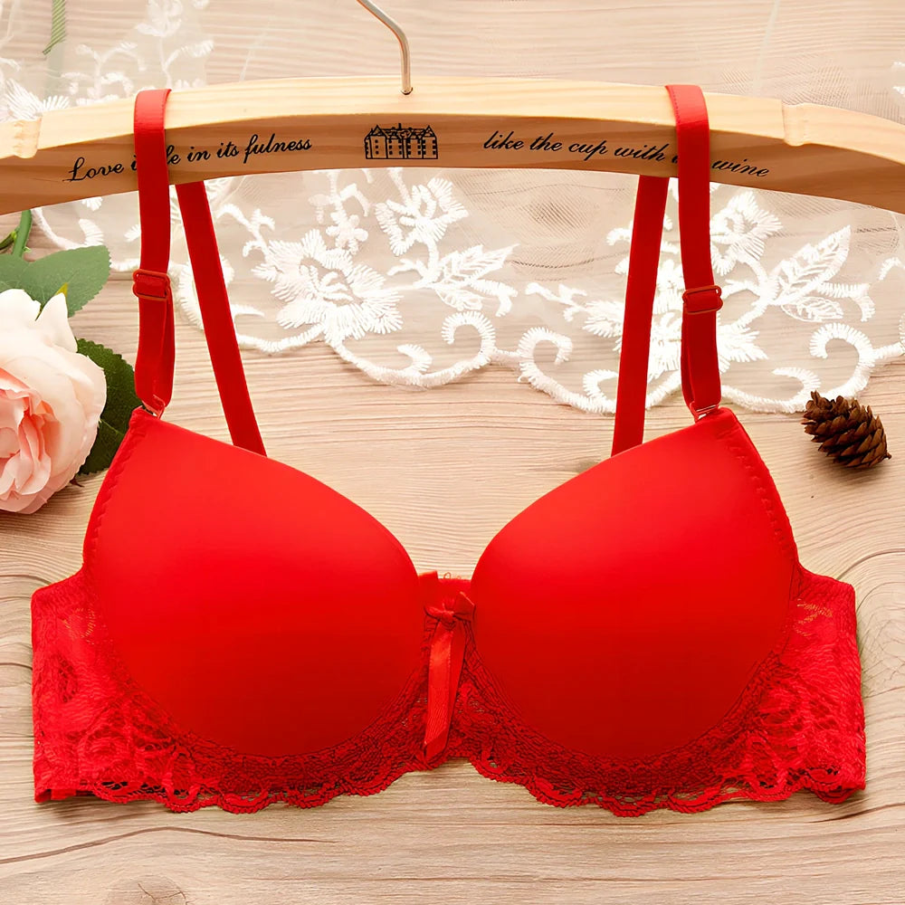 Red small chest gathered bra with underwire, lace bow, and lotus leaf edges in size 34/75