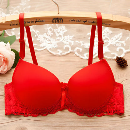 Red small chest gathered bra with underwire, lace bow, and lotus leaf edges in size 34/75